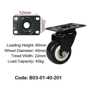 Ø40mm (1¾") Polyurethane (PU) Wheel Castors | 45KG capacity per castor