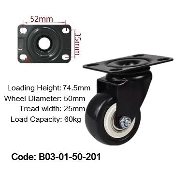 Ø50mm (2") Polyurethane (PU) Wheel Castors | 60KG capacity per castor