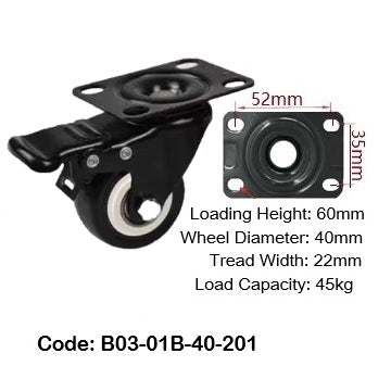 Ø40mm (1¾") Polyurethane (PU) Wheel Castors | 45KG capacity per castor
