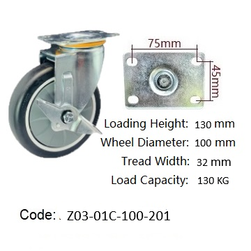Ø100mm (4") Polyurethane (PU) Wheel Castors with Side Brake | 130KG capacity per castor