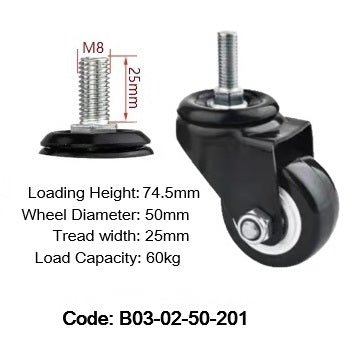 Ø50mm (2") Polyurethane (PU) Wheel Castors | 60KG capacity per castor