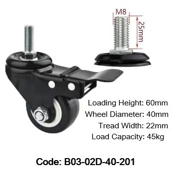 Ø40mm (1¾") Polyurethane (PU) Wheel Castors | 45KG capacity per castor