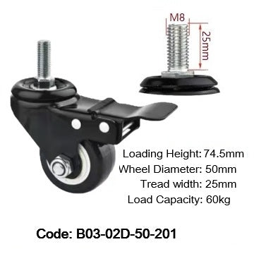 Ø50mm (2") Polyurethane (PU) Wheel Castors | 60KG capacity per castor