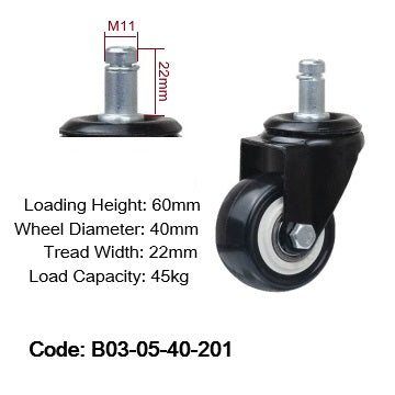 Ø40mm (1¾") Polyurethane (PU) Wheel Castors | 45KG capacity per castor