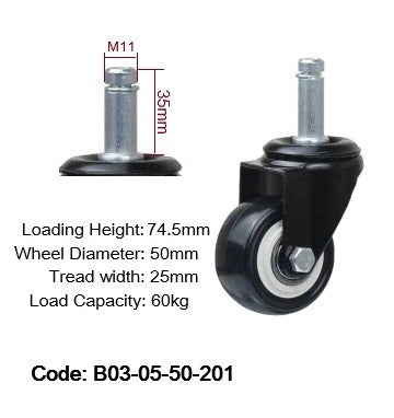 Ø50mm (2") Polyurethane (PU) Wheel Castors | 60KG capacity per castor