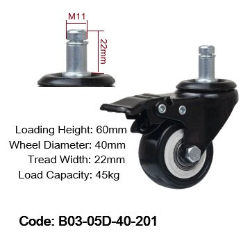 Ø40mm (1¾") Polyurethane (PU) Wheel Castors | 45KG capacity per castor