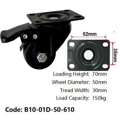 Ø50mm (2") Black Polyamide (Nylon) Wheel Castors | 150KG capacity per castor