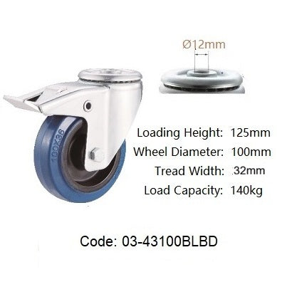 Ø100mm (4") Elastic Blue Rubber Wheel Castors > EUROPEAN STYLE | 140KG capacity per castor