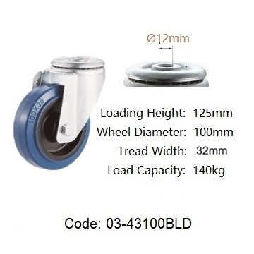 Ø100mm (4") Elastic Blue Rubber Wheel Castors > EUROPEAN STYLE | 140KG capacity per castor