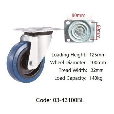 Ø100mm (4") Elastic Blue Rubber Wheel Castors > EUROPEAN STYLE | 140KG capacity per castor