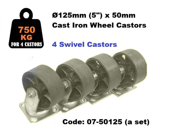 SET of 4:  Ø125mm (5")  Cast Iron Heavy Duty Castors | 750KG TOTAL Loading Capacity