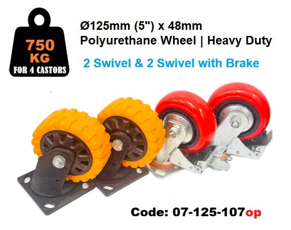 SET of 4:  Ø125mm (5")  Polyurethane Wheel Heavy Duty Castors | 750KG TOTAL Loading Capacity