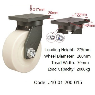 Ø200mm (8") Ultra Heavy Duty Nylon (PA) Wheel Castors/2500KG capacity per castor