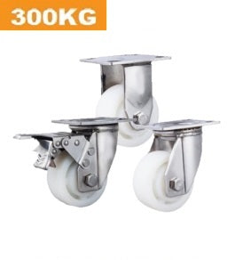 Ø100mm (4") Nylon Wheel 304 Stainless Steel Heavy Duty Castors | 300-350KG capacity per castor