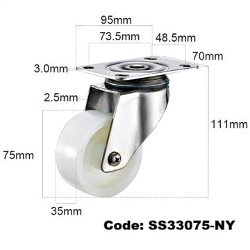Ø75mm (3") Nylon Wheel 304 Stainless Steel Castors | 80KG capacity per castor