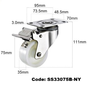 Ø75mm (3") Nylon Wheel 304 Stainless Steel Castors | 80KG capacity per castor