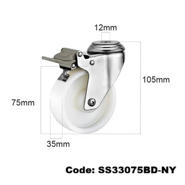 Ø75mm (3") Nylon Wheel 304 Stainless Steel Castors | 80KG capacity per castor
