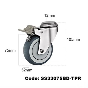 Ø75mm (3") Thermoplastic Rubber (TPR) Wheel 304 Stainless Steel Castors | 80KG capacity per castor
