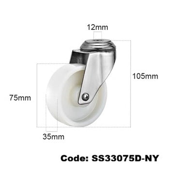 Ø75mm (3") Nylon Wheel 304 Stainless Steel Castors | 80KG capacity per castor