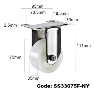 Ø75mm (3") Nylon Wheel 304 Stainless Steel Castors | 80KG capacity per castor