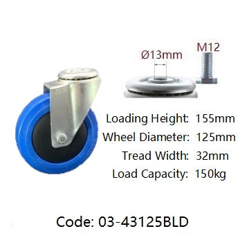 Ø125mm (5") Elastic Blue Rubber Wheel Castors > EUROPEAN STYLE | 130KG capacity per castor