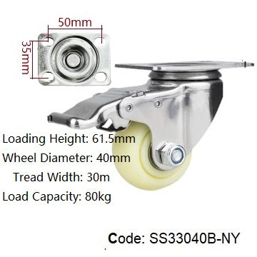 Ø40mm (1½") Nylon Wheel 304 Stainless Steel Castors | 80KG capacity per castor