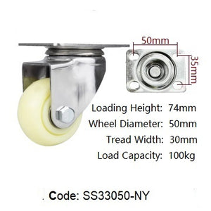 Ø50mm (2") Nylon Wheel 304 Stainless Steel Castors | 90KG capacity per castor