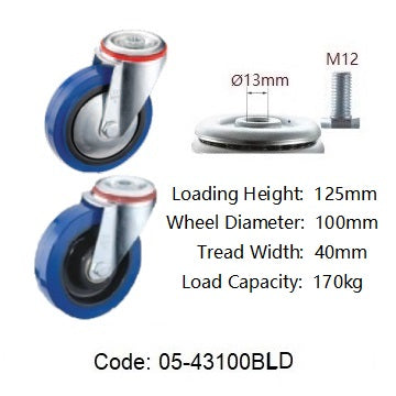 Ø100mm (4") Elastic Blue Rubber Wheel Castors > EUROPEAN STYLE | 170KG capacity per castor