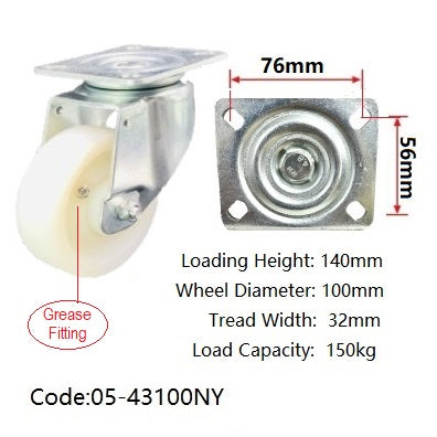 Ø100mm (4") White Nylon Wheel with Grease Fitting Castors | 150KG capacity per castor