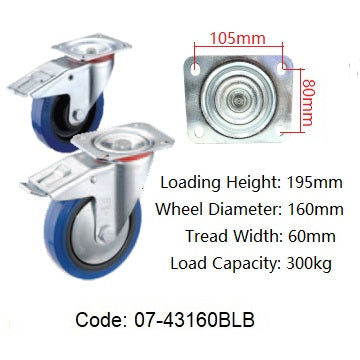 Ø160mm (6") Elastic Blue Rubber Wheel Castors > EUROPEAN STYLE | 300KG capacity per castor