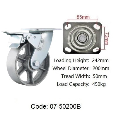 Ø200mm (8") Cast Iron Wheel Castors | 450KG capacity per castor