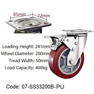Ø200mm (8") Polyurethane (PU) Wheel 304 Stainless Steel Heavy Duty Castors | 400KG capacity per castor