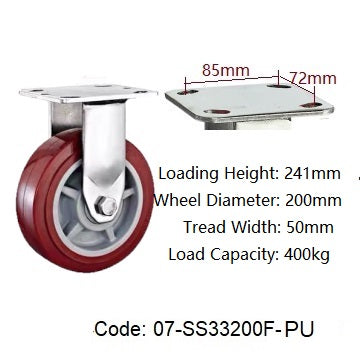 Ø200mm (8") Polyurethane (PU) Wheel 304 Stainless Steel Heavy Duty Castors | 400KG capacity per castor