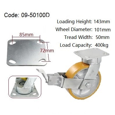 Ø100mm (4") Extra Heavy Duty Castors |Urethane on Cast Iron Wheel | 400KG loading capacity per castor