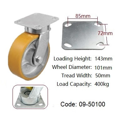 Ø100mm (4") Extra Heavy Duty Castors |Urethane on Cast Iron Wheel | 400KG loading capacity per castor