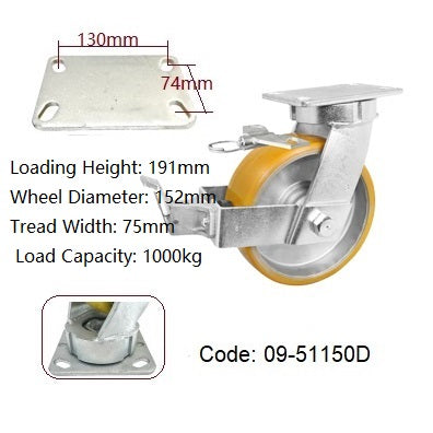 Ø150mm (6") Orange Urethane on Cast Iron Wheel Castors | 1000KG capacity per castor