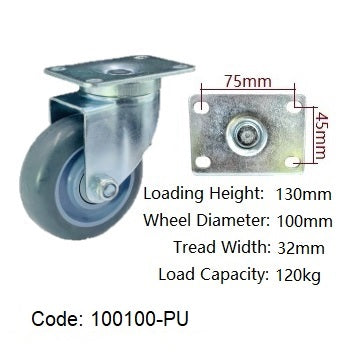 Ø100mm (4") Polyurethane (PU) Wheel Castors | 120KG capacity per castor