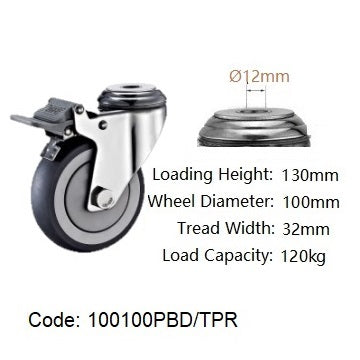 Ø100mm (4") Thermoplastic Rubber (TPR) Wheel Castors >Crown Tread | 120KG capacity per castor