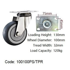 Ø100mm (4") Thermoplastic Rubber (TPR) Wheel Castors >Crown Tread | 120KG capacity per castor