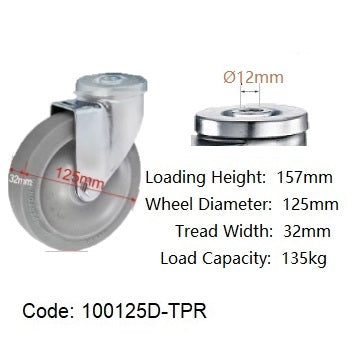 Ø125mm (5") Thermoplastic Rubber (TPR) Wheel Castors >Flat Tread | 135KG capacity per castor