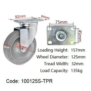 Ø125mm (5") Thermoplastic Rubber (TPR) Wheel Castors >Flat Tread | 135KG capacity per castor