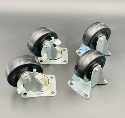 SET of 4: Ø65mm (2½") Black Ebonite Rubber / PLATE > Rigid & Swivel + Side Brake Castors | 240kg TOTAL