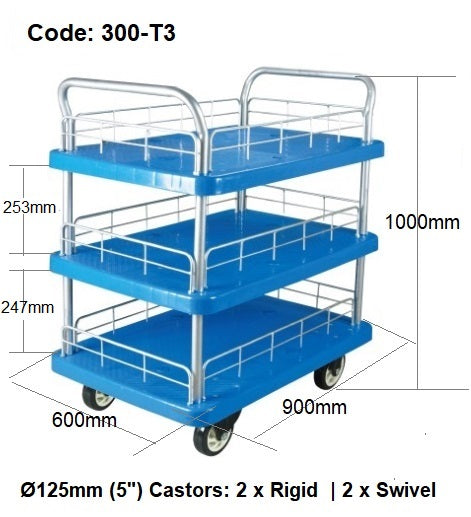 3 Tier Polypropylene Platform Trolley | 300KG | BLUE
