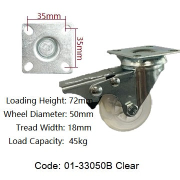 Ø50mm (2") Clear Polyurethane (PU) | Transparent Wheel Castors | 45KG capacity per castor
