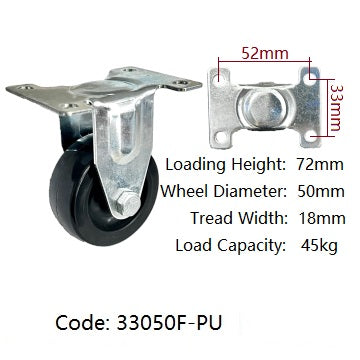 Ø50mm (2") Black Polyurethane (PU) Wheel Castors | 45KG capacity per castor