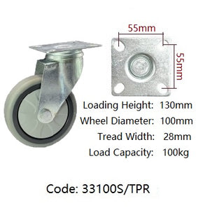 Ø100mm (4") Thermoplastic Rubber (TPR) Wheel Castors | 100KG capacity per castor