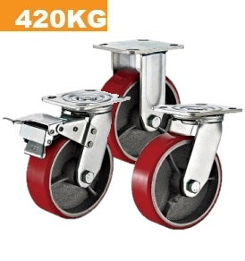 Ø150mm (6") Red Urethane on Cast Iron Wheel Castors | 420KG capacity per castor