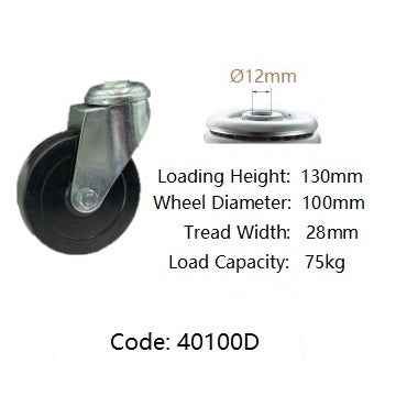 Ø100mm (4") Black Ebonite Rubber Wheel Castors | 75KG capacity per castor