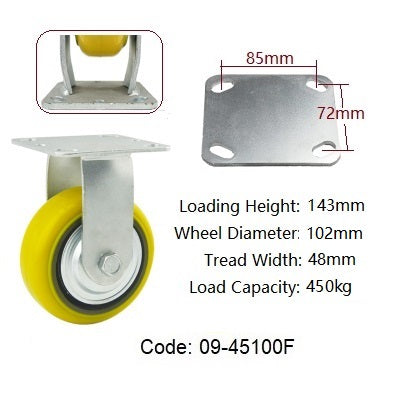 Ø100mm (4") Yellow Urethane on Cast Iron Wheel Castors | 450KG capacity per castor