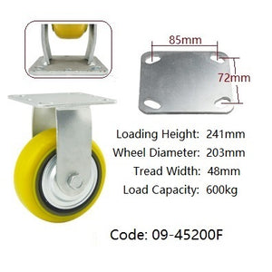 Ø200mm (8") Yellow Urethane on Cast Iron Wheel Castors | 600KG capacity per castor
